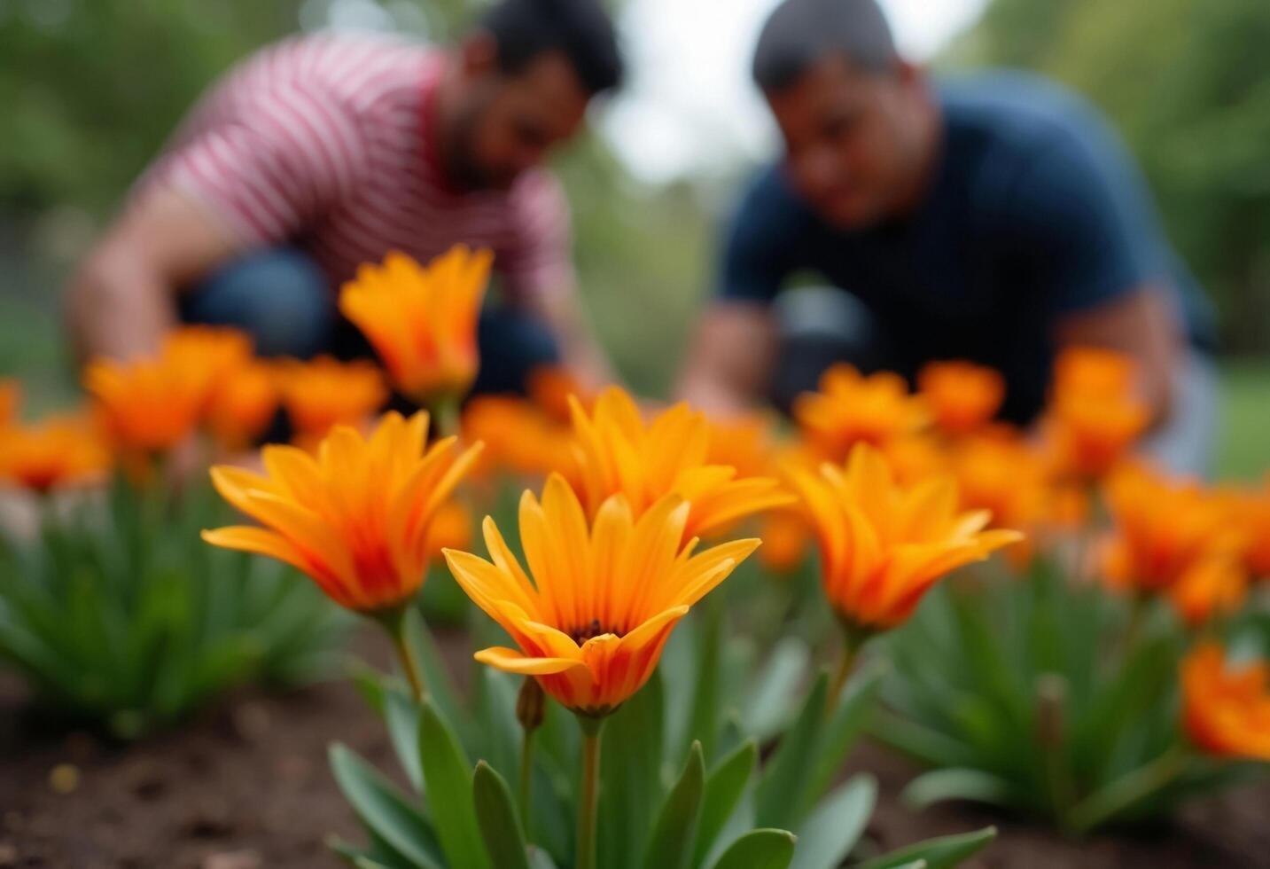 Two Men Gardening With Vibrant Orange Gazania Flowers In A Garden Bed photo