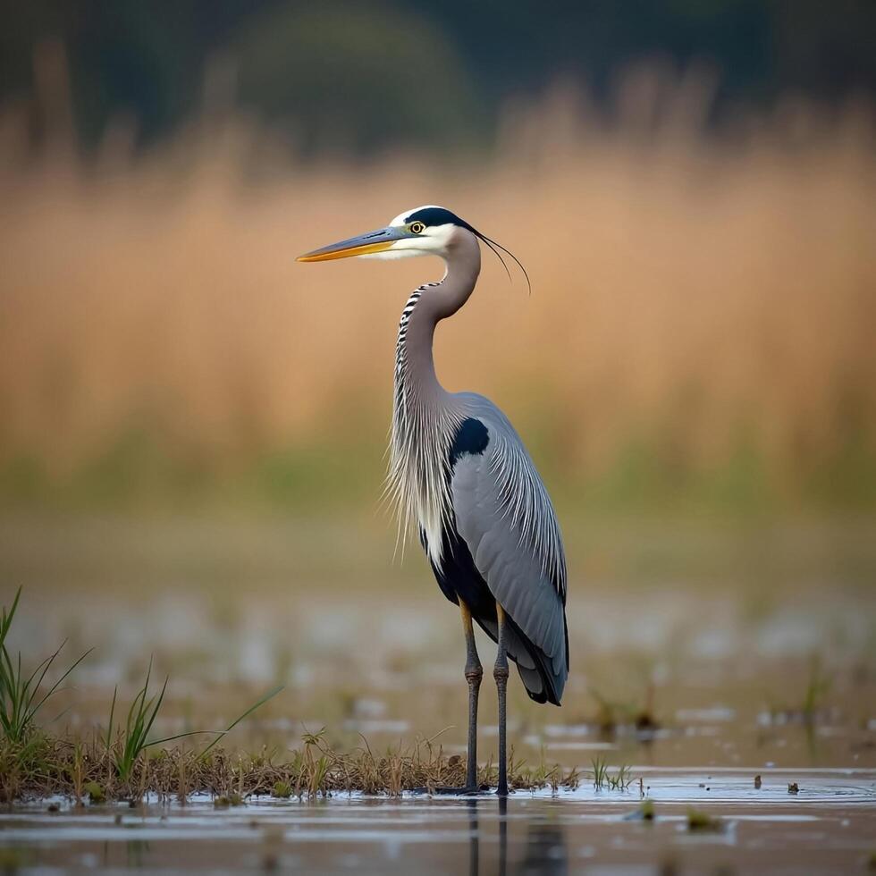 Elegant Great Blue Heron Stands Tall In Marshy Wetland Landscape Scene photo