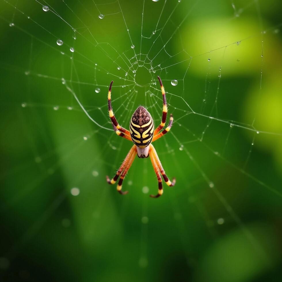Banded Garden Spider On Web With Water Droplets Against Green Background photo