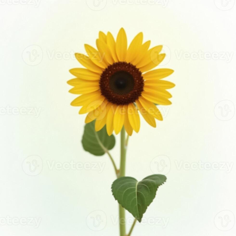A single sunflower is shown in front of a white background photo