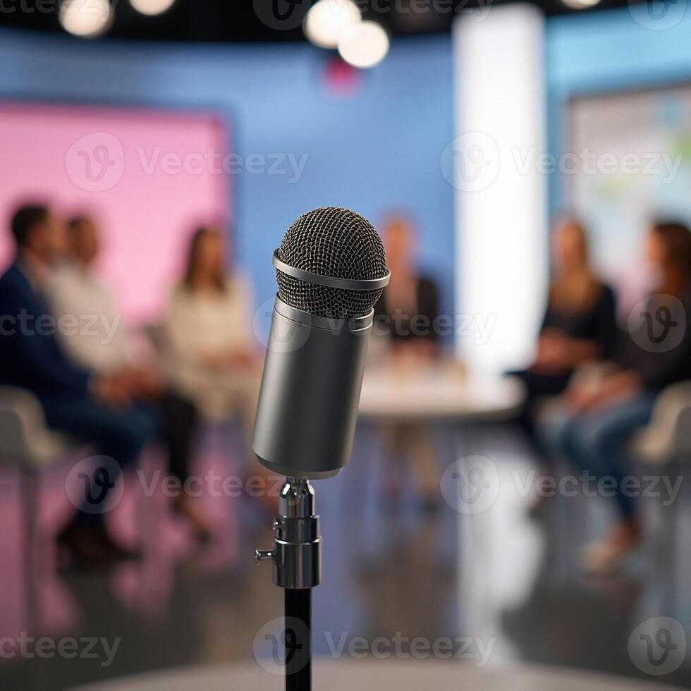 Professional Podcast Studio With Microphone And Blurred Audience Round Table Discussion photo