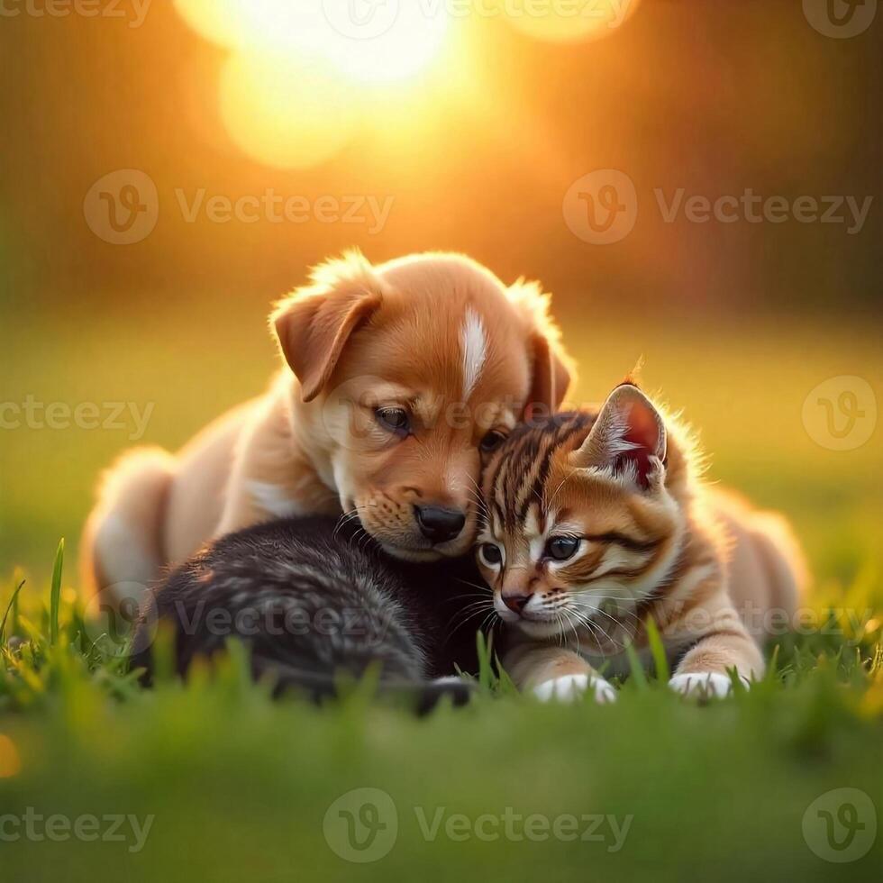 Adorable Puppy And Kitten Cuddling In Golden Light On Green Grass photo