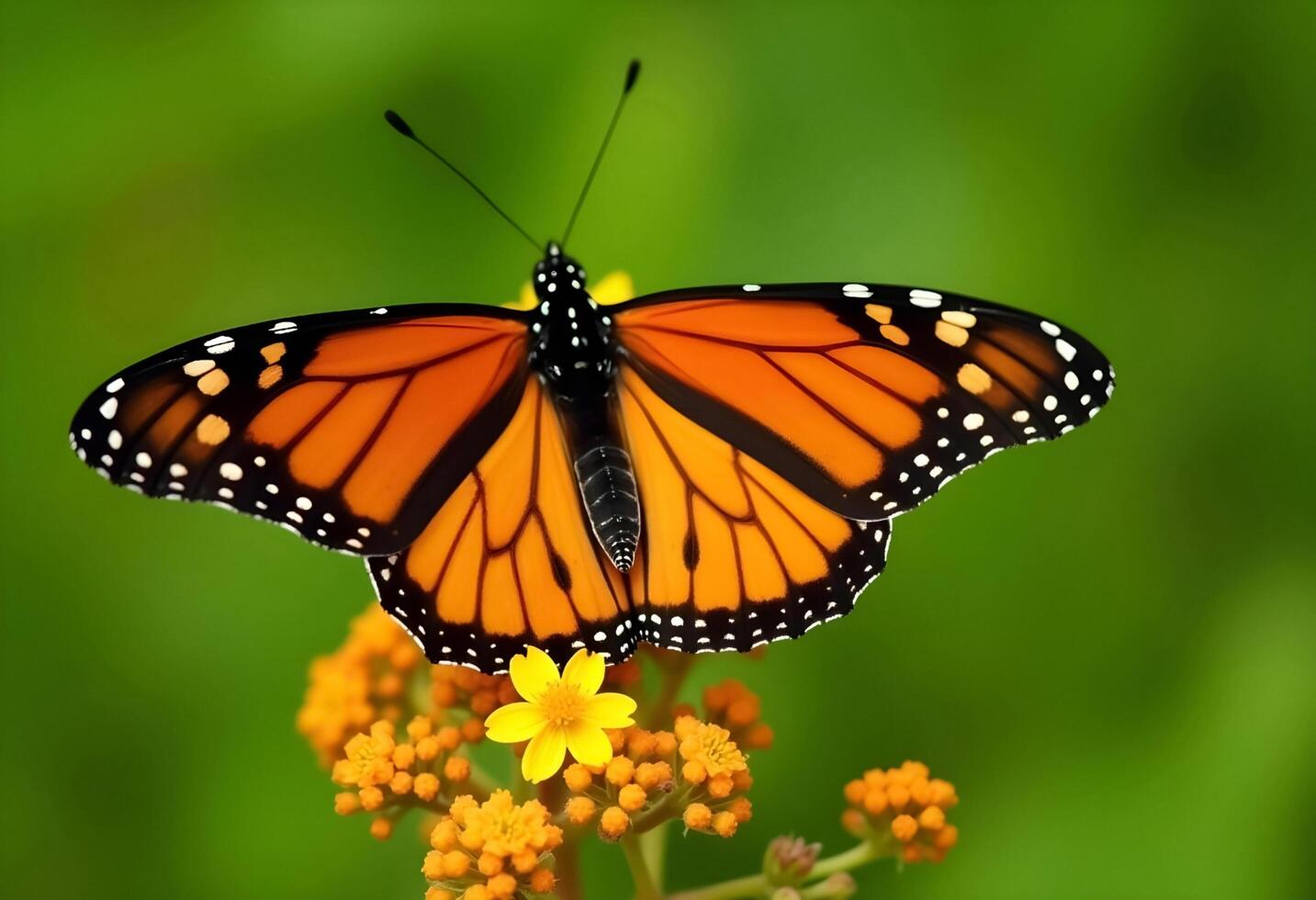 Majestic Monarch Butterfly Resting Gracefully On Vibrant Yellow Flowers In A Lush Garden photo