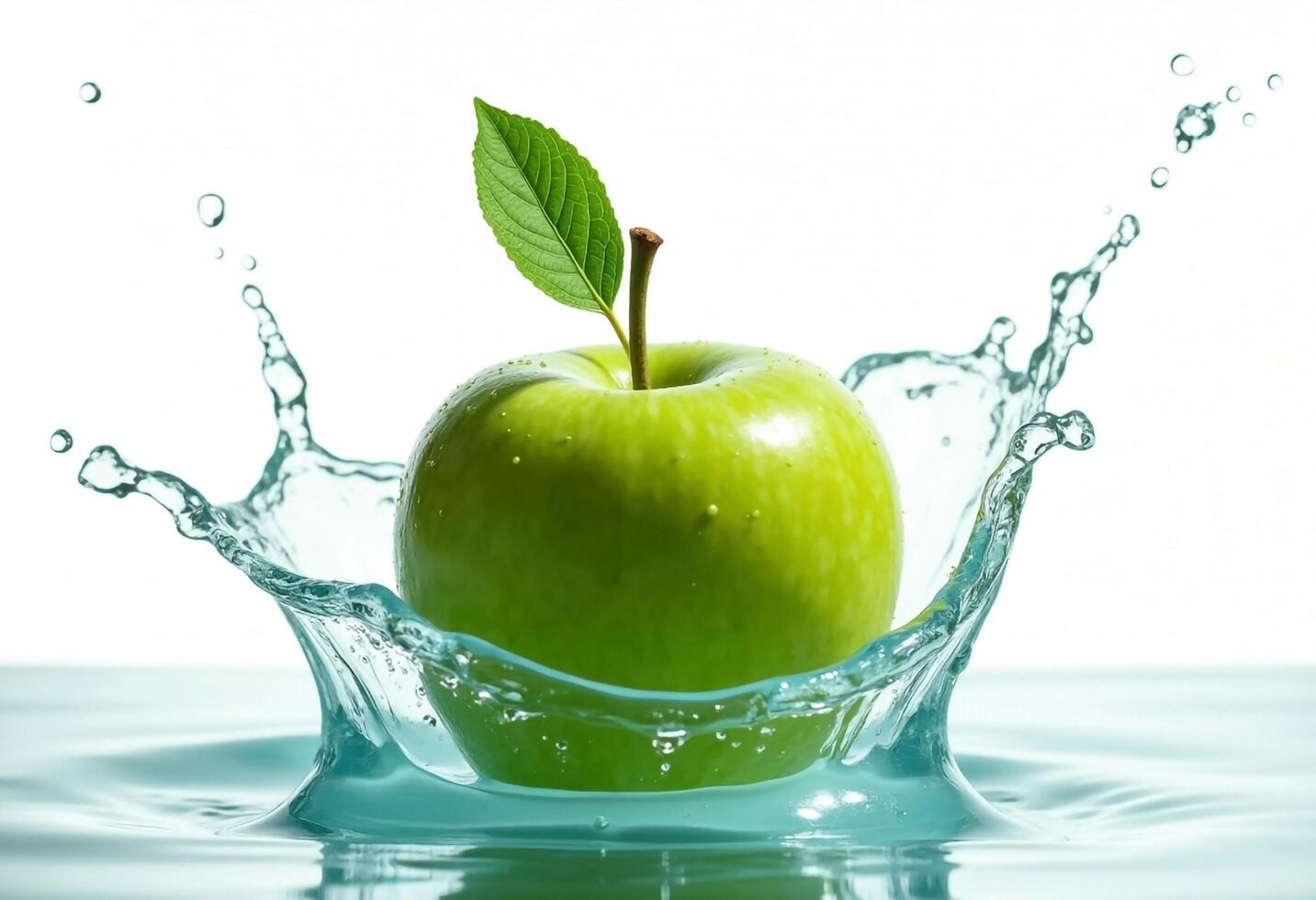 Fresh Green Apple Splashing Into Water With A Leaf In A Bright Background photo