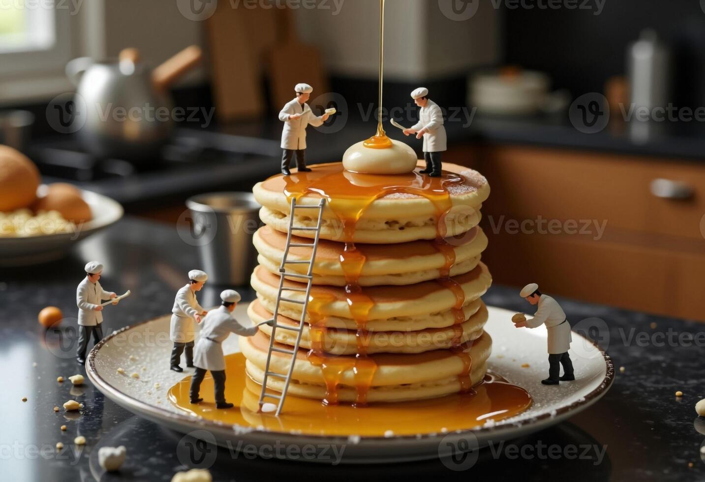 Miniature Chefs Decorating A Pancake Stack With Syrup And Butter In Kitchen photo