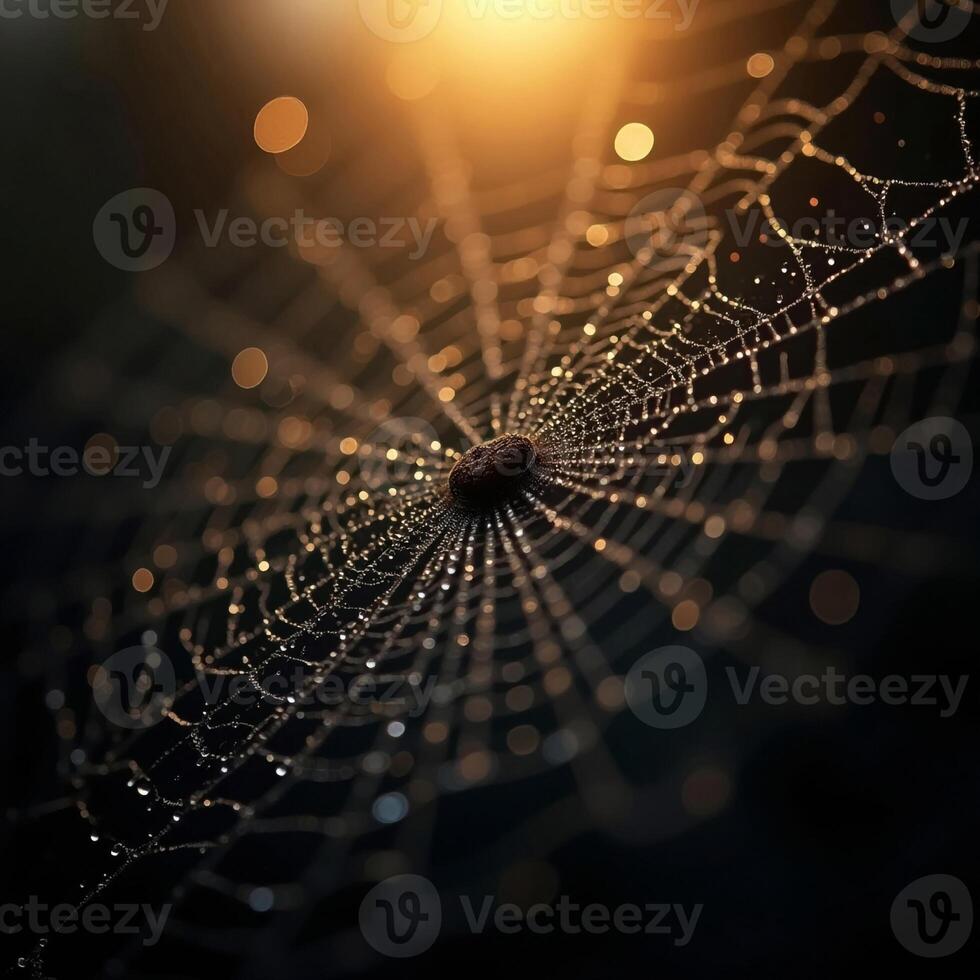 Dew Drops On Spiderweb Illuminated By Golden Light In Dramatic Dark Setting photo