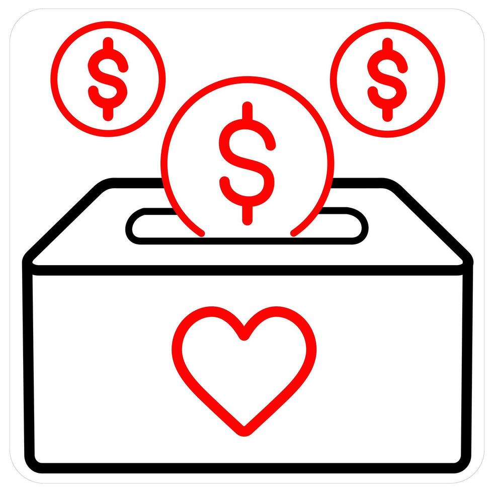 Charity Box and cash icon in red line color vector