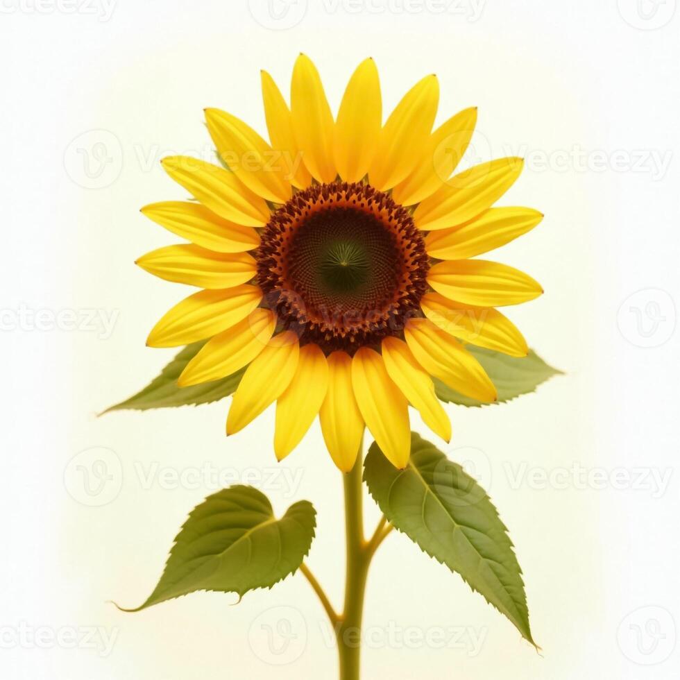 Close Up Sunflower Featuring Vibrant Yellow Petals And Green Leaves On White photo