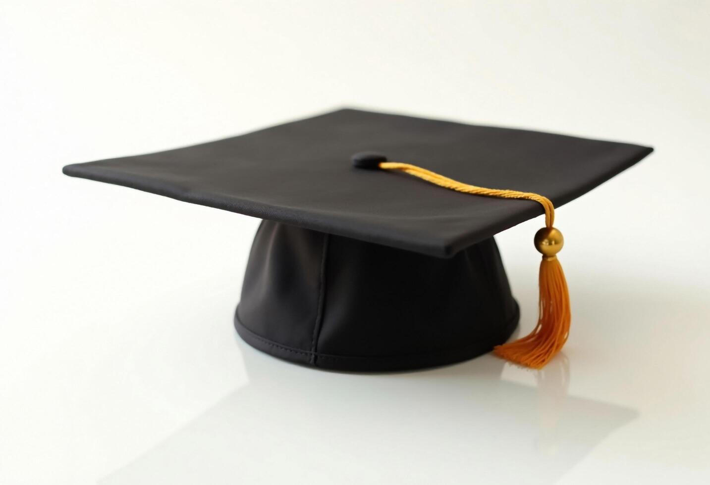 Academic Graduation Cap With Gold Tassel Placed On A White Reflective Surface photo