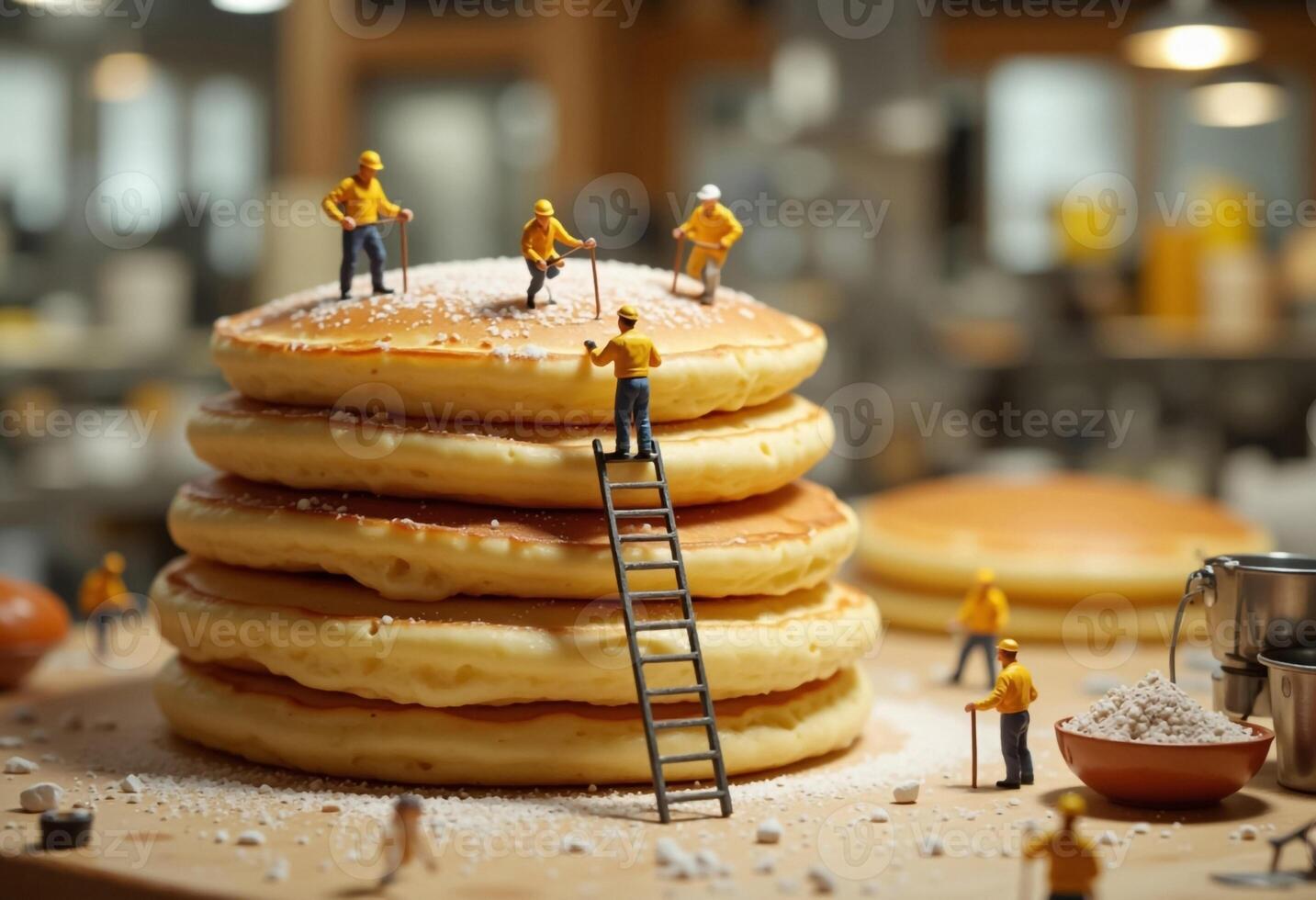 Miniature Workers Preparing Powdered Sugar On A Stack Of Pancakes Indoors photo
