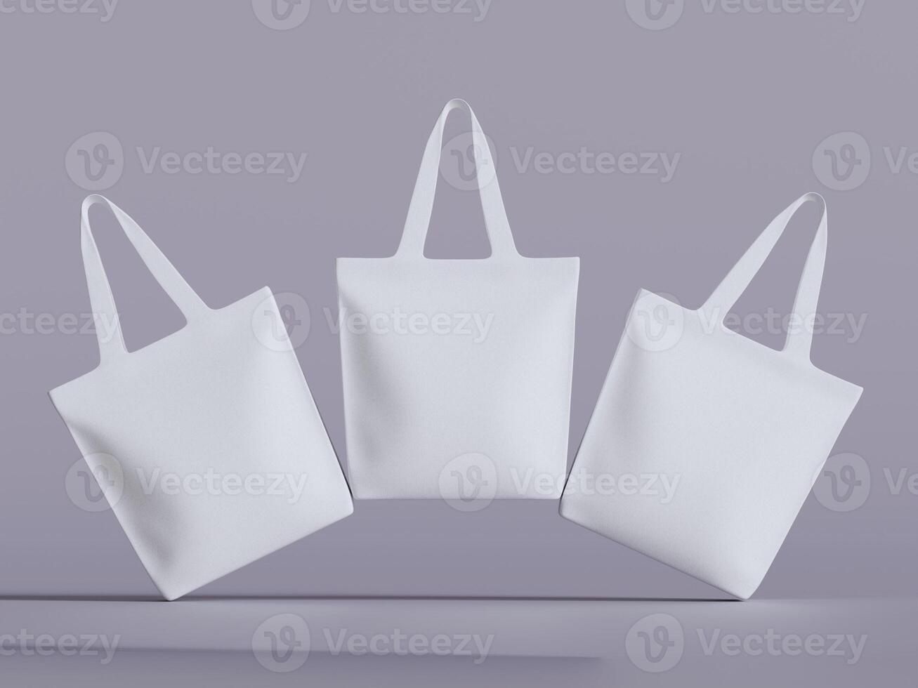 Three white tote bags angled and floating slightly, placed against a soft lavender-gray background. photo