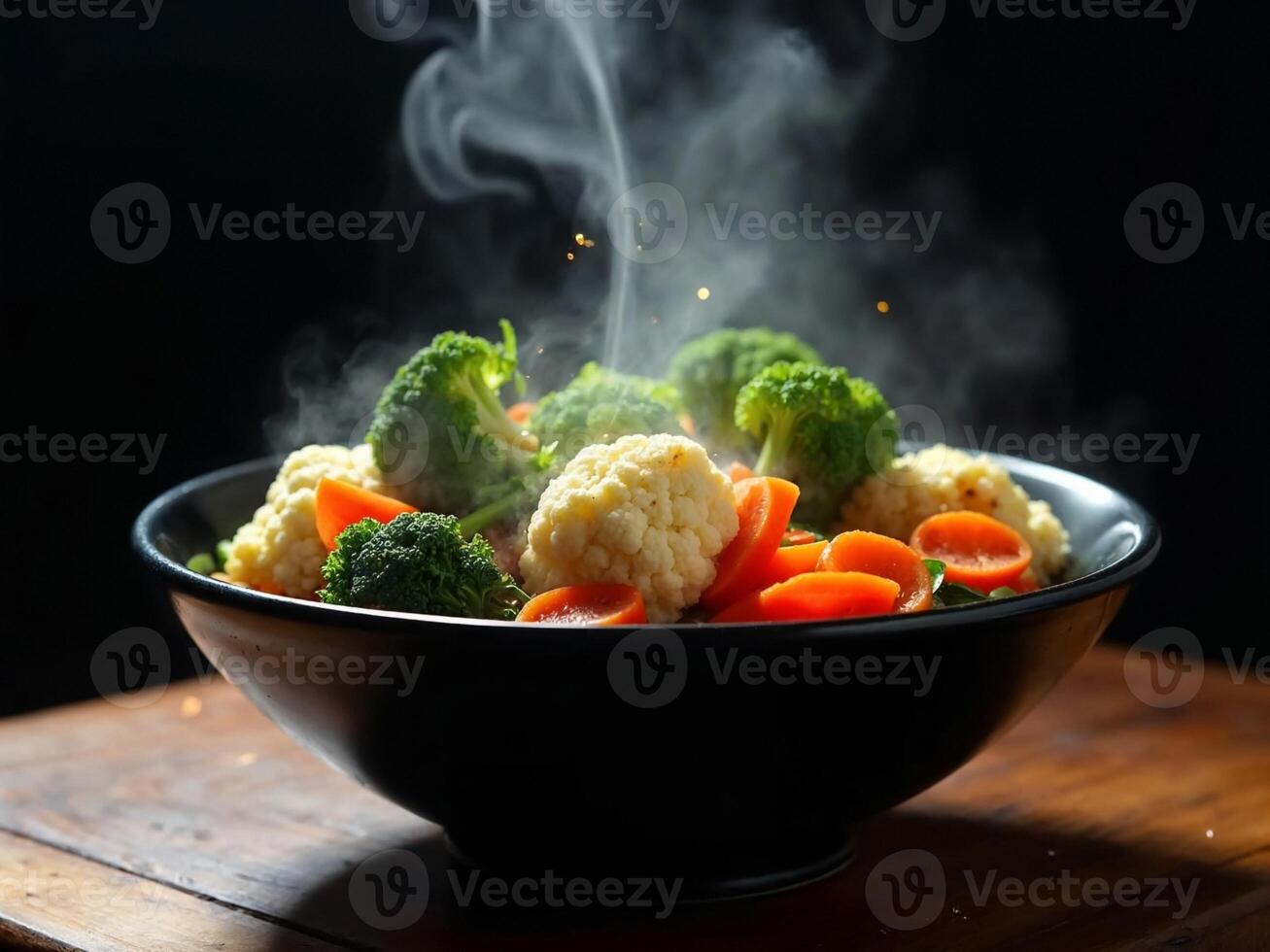 Steaming Bowl Of Healthy Vegetables Freshly Cooked Broccoli Cauliflower And Carrots photo