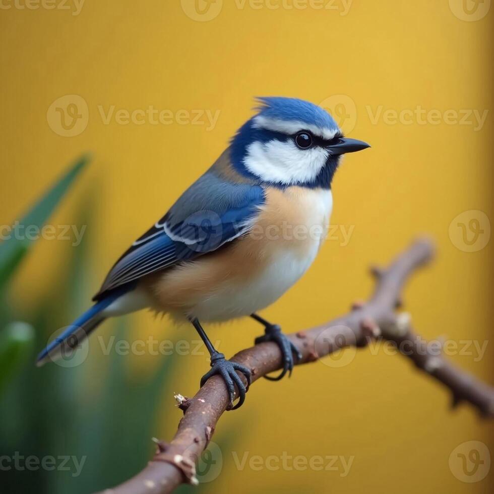 Eurasian Blue Tit Bird Perched On Branch With Yellow Background Closeup photo