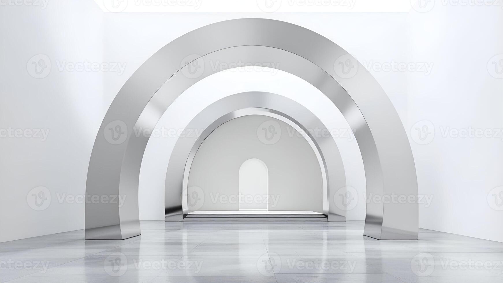 Symmetrical metallic arches in a minimalist white space, creating a futuristic and sleek architectural design.. photo