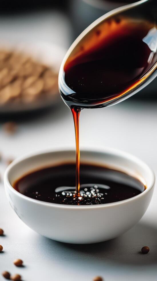 Spoon pouring dark liquid into a white bowl photo