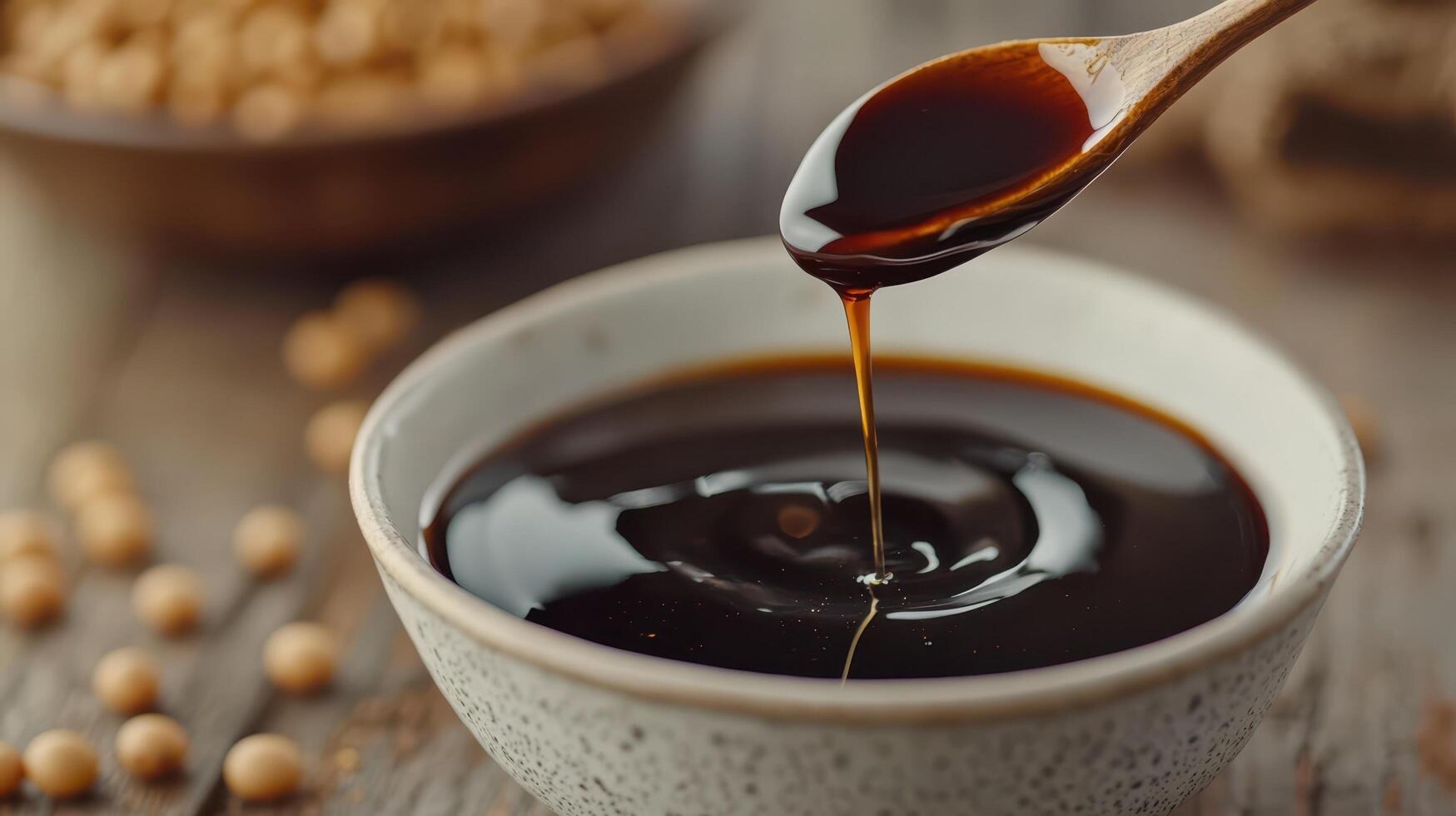Soy sauce dripping from wooden spoon into a bowl photo