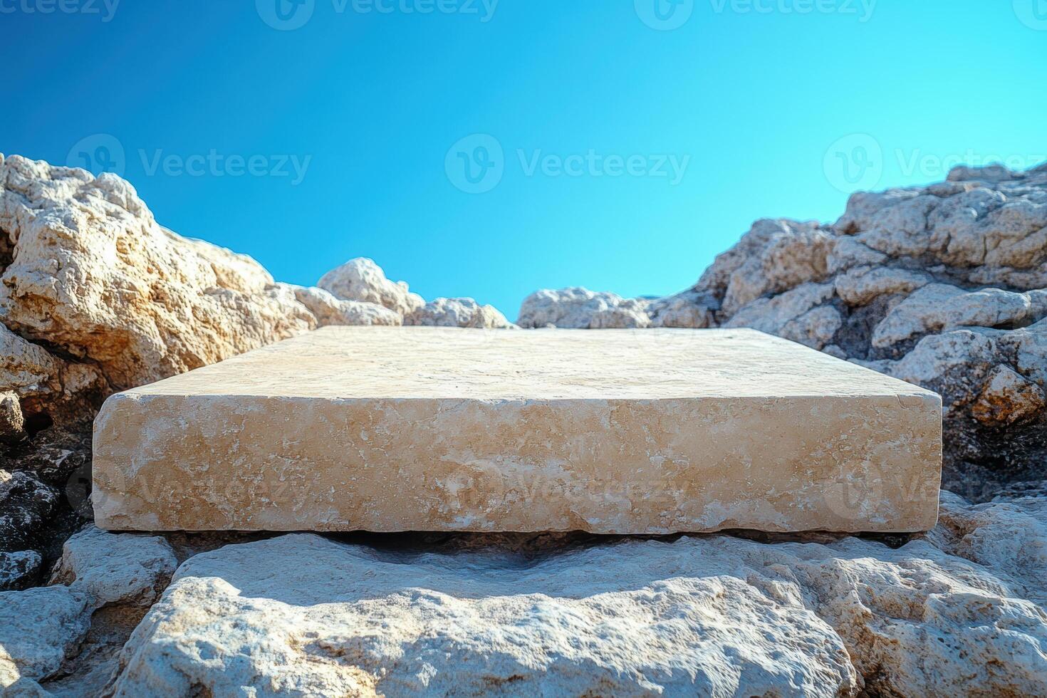 Stone podium for product on rocky landscape under clear blue sky. photo