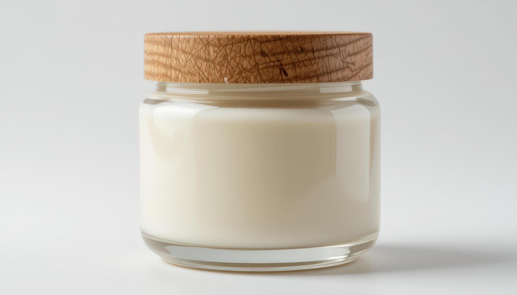Elegant Glass Jar With Wooden Lid Containing a Creamy White Substance Displayed on a Neutral Background photo