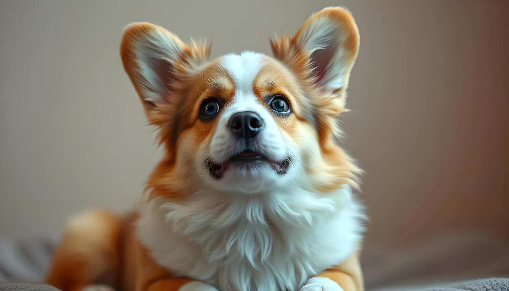 A cute corgi dog is sitting on a bed photo