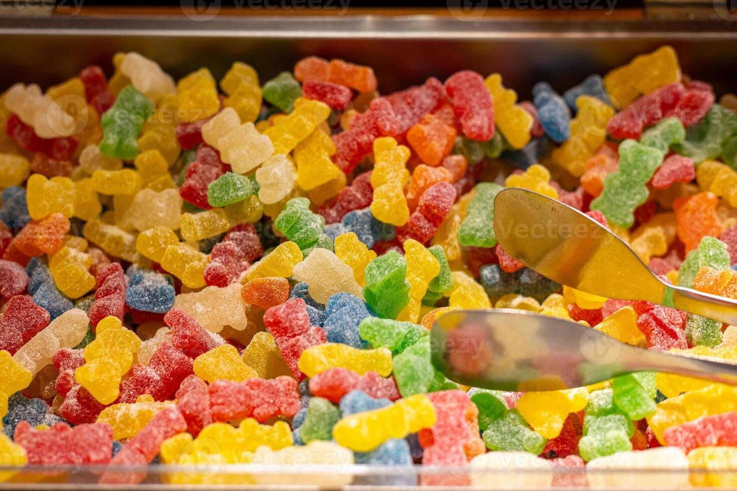 Colorful gummy bears displayed in a sweet shop during an afternoon visit photo