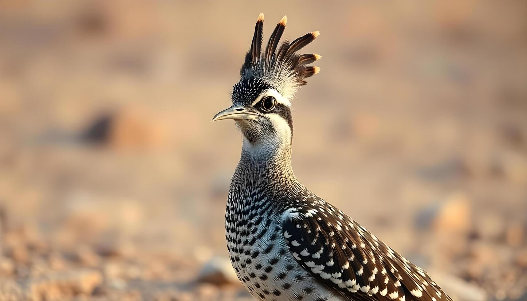 A bird with a long mohawk standing on a dirt field photo