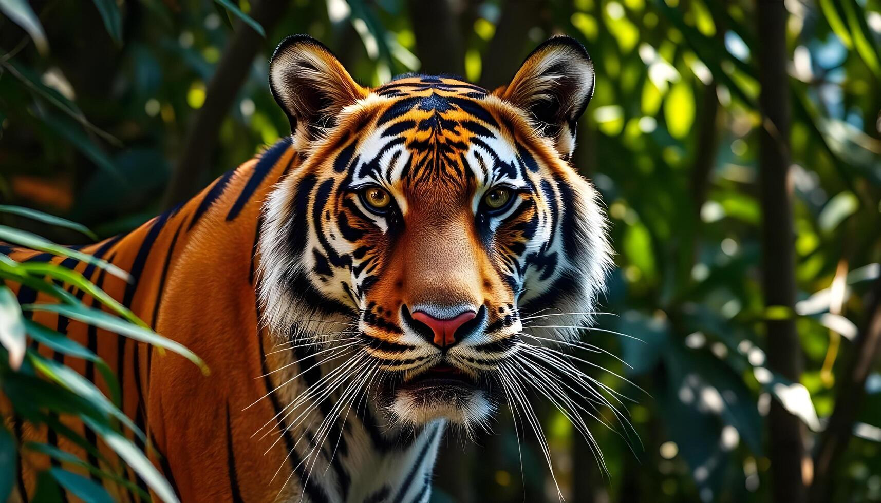 A tiger is standing in the middle of the forest photo