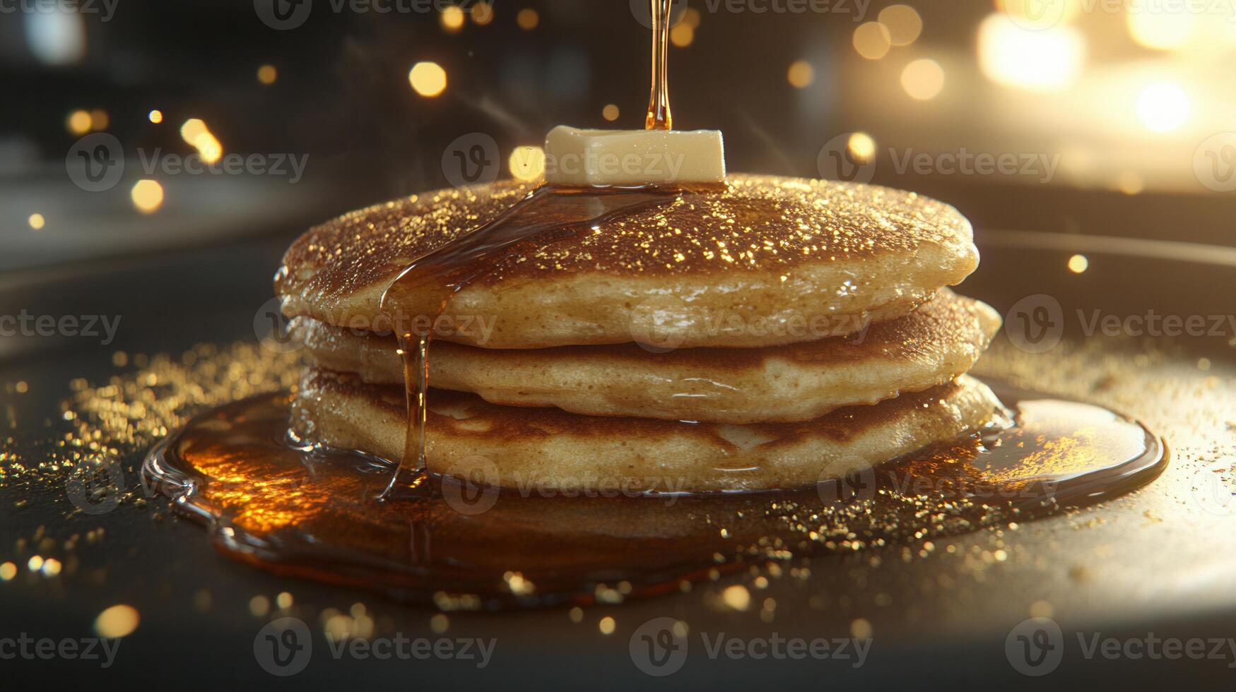 Delightful stack of golden pancakes with a generous pour of syrup showcasing a perfect breakfast for any morning photo