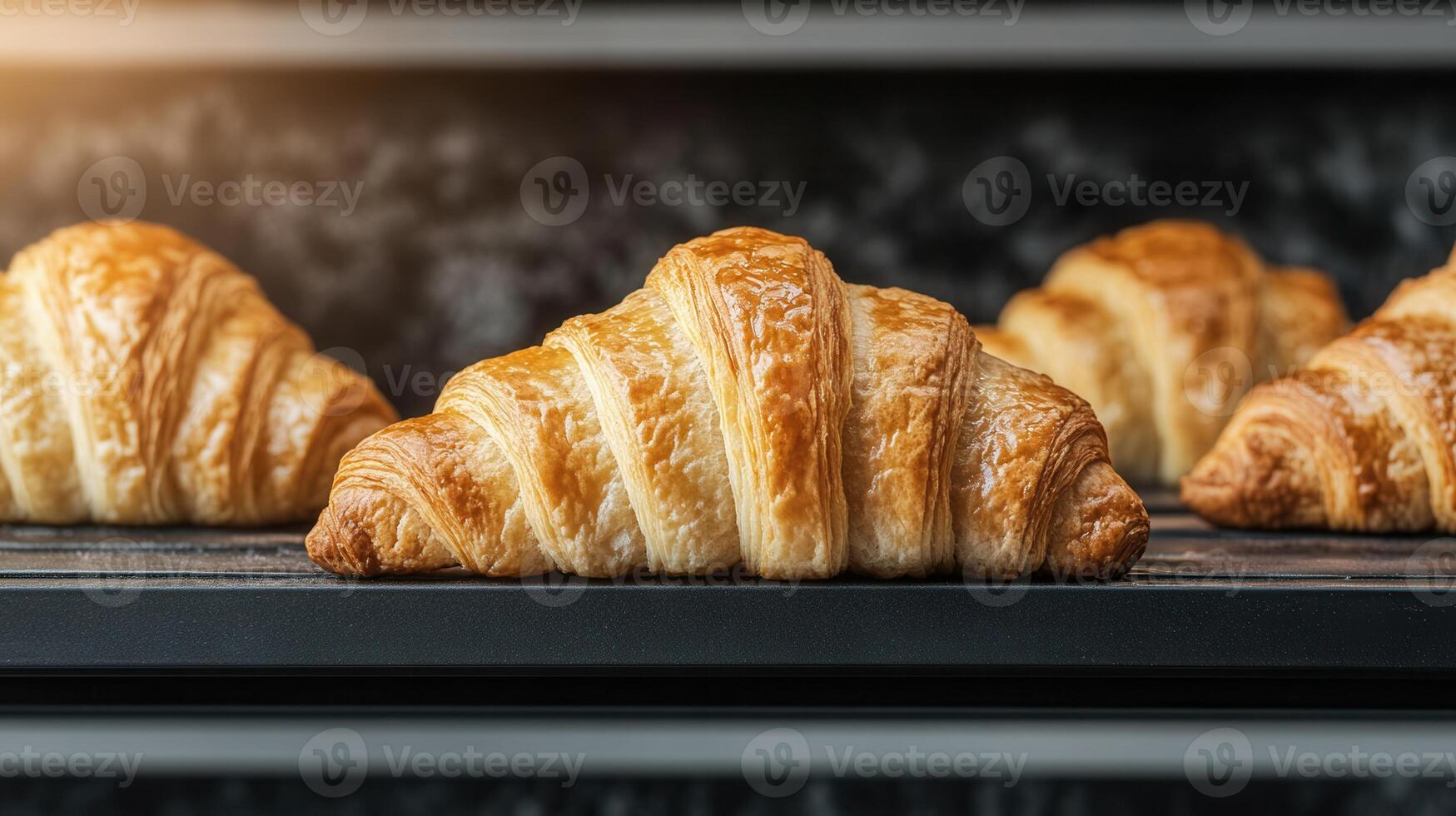 Delicious croissants arranged beautifully on a baking tray ready to be baked to golden perfection in the oven photo