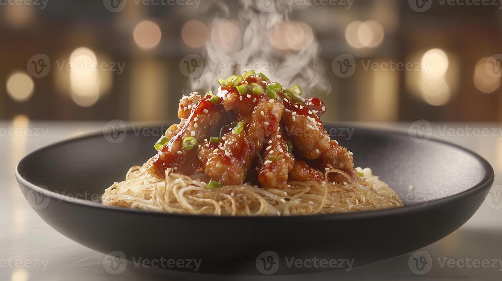 Bowl of steaming noodles topped with tender meat and fresh vegetables for a satisfying and flavorful meal photo