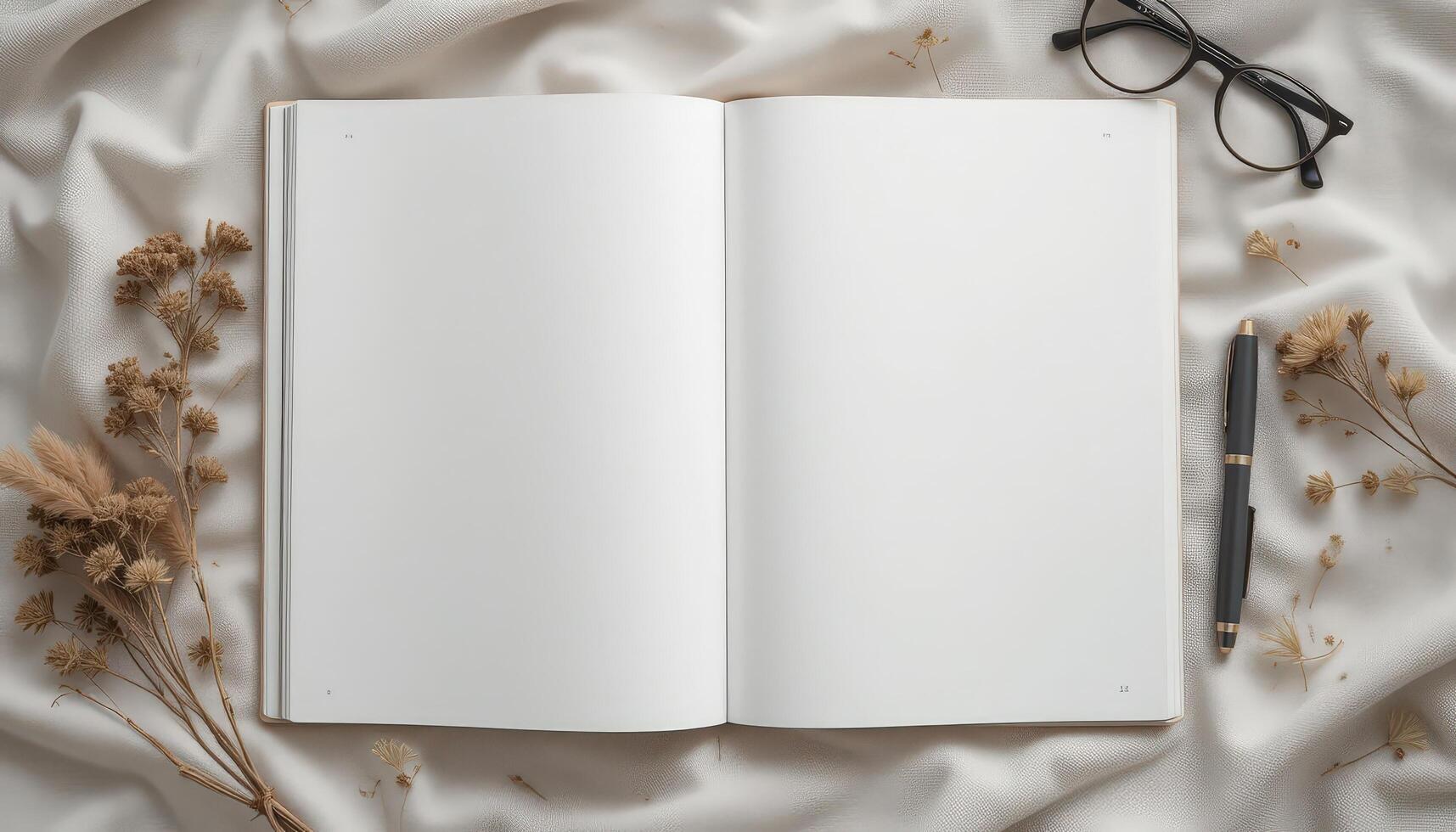 Blank Notebook Surrounded by Dried Flowers and Glasses on a Soft Fabric Background photo
