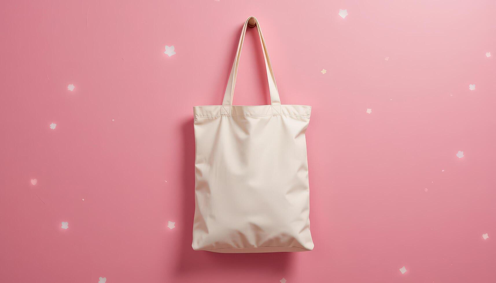 Soft Pink Tote Bag Hanging on a Wall With a Pastel Background of Soft Light Speckles photo