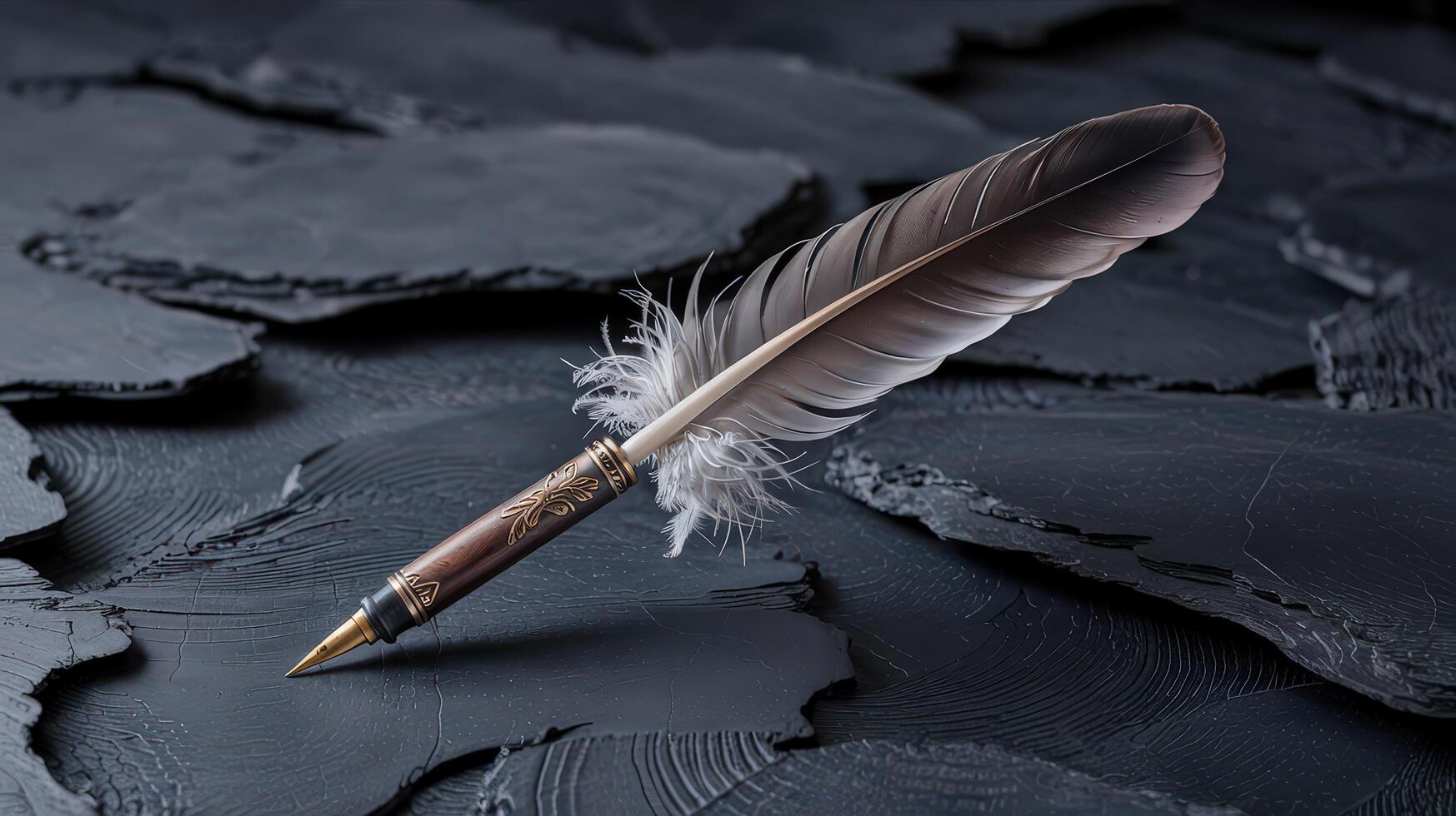 Antique Gigapixel Standard Feather Quill With Ornate Design on Textured Black Surface photo