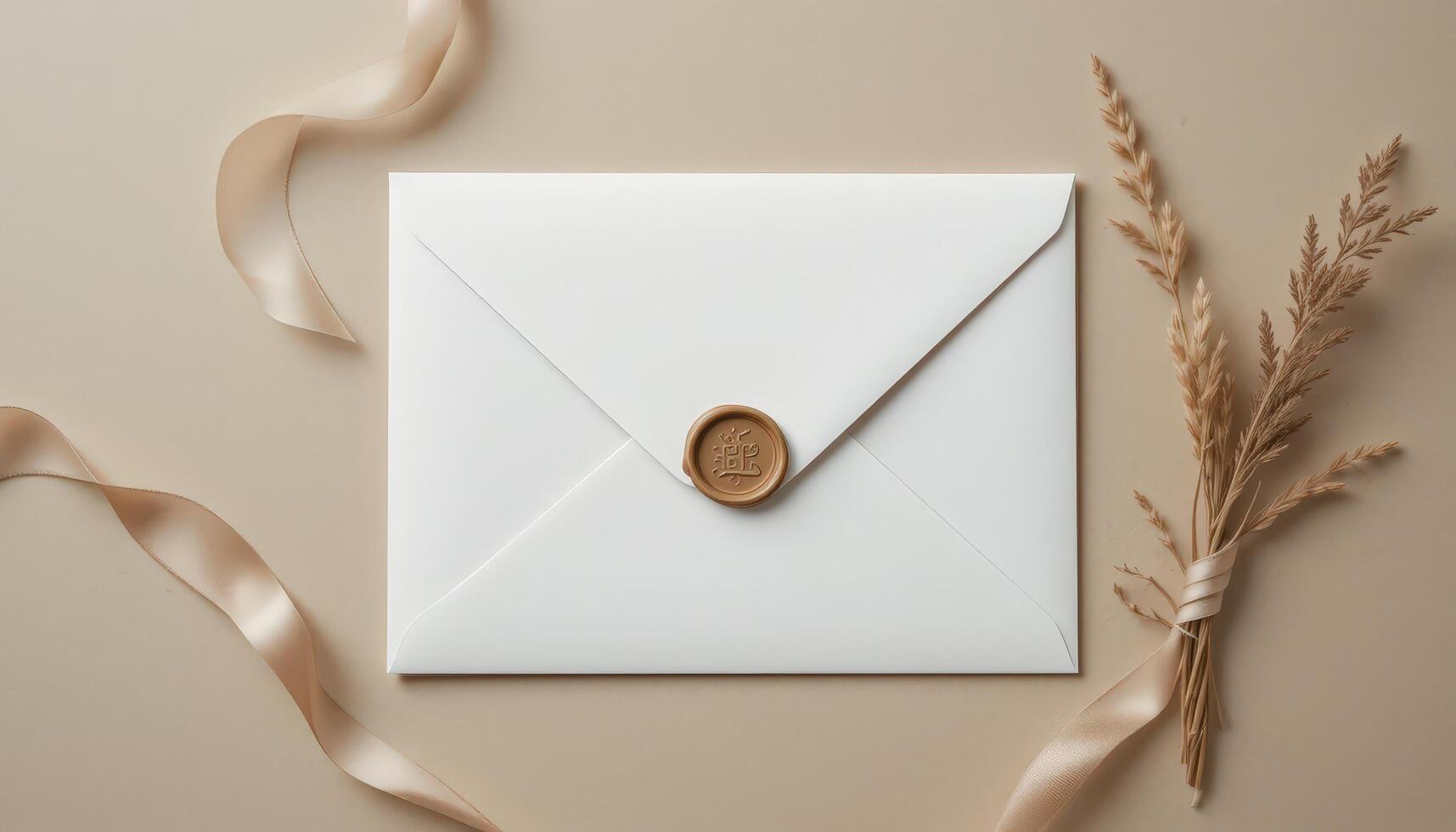 Elegant White Envelope With a Wax Seal Next to Dried Flowers and Ribbon on a Neutral Background photo