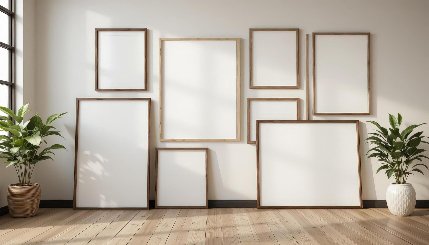 Arrangement of Blank Frames on a Wall With Indoor Plants in a Bright, Modern Room Setting photo
