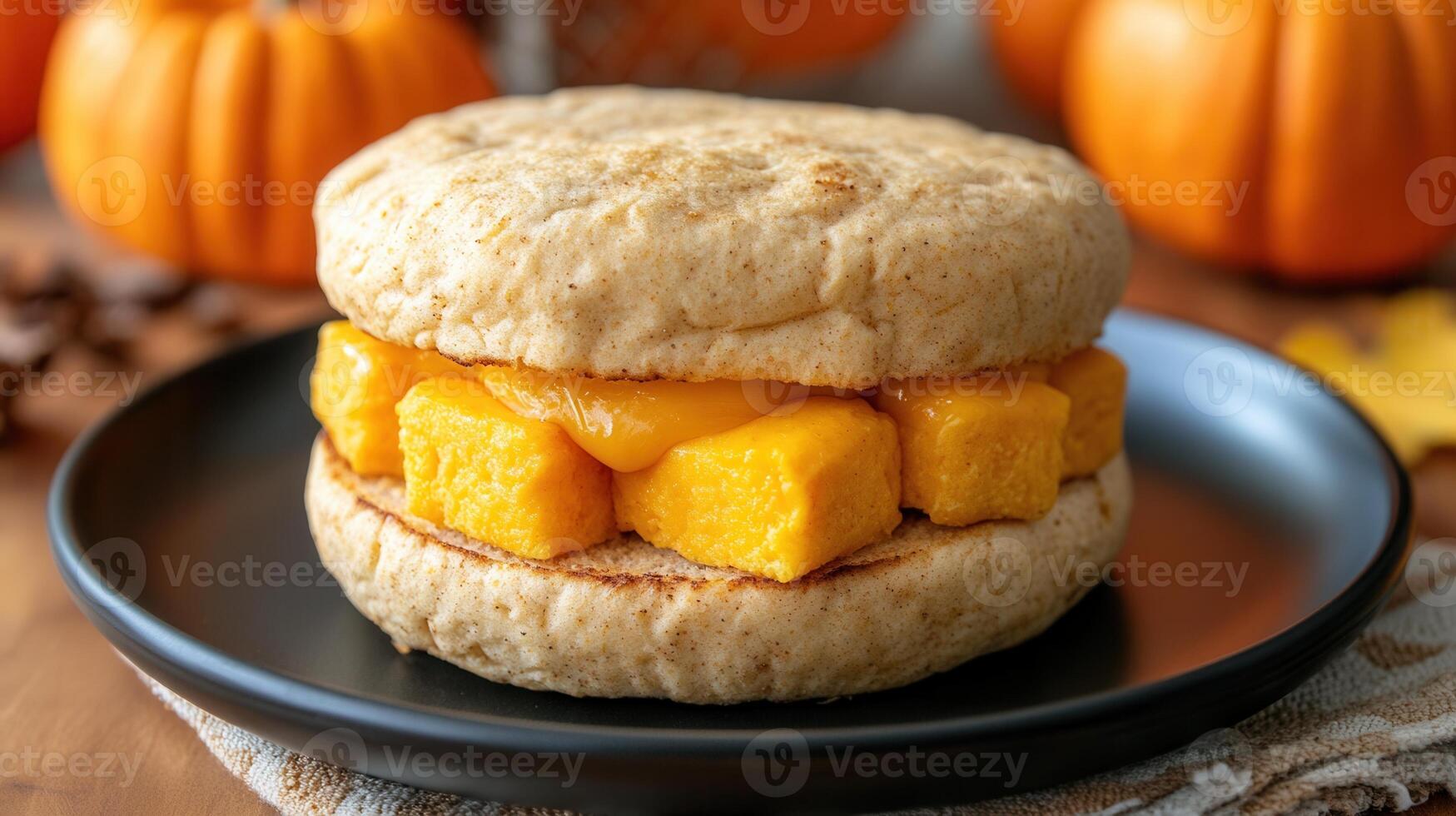 Artistic plate of seasonal food decorated with a vibrant pumpkin showcasing natures bounty for fall dining experience photo