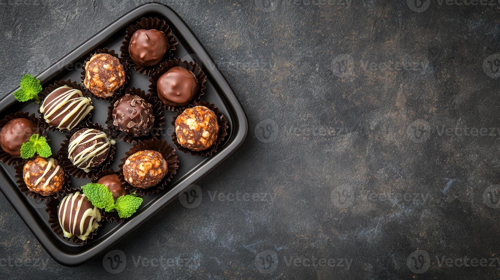 Assorted gourmet chocolates elegantly arranged on a decorative tray for a tempting sweet indulgence experience photo