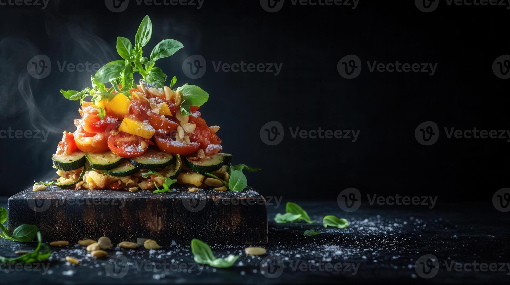 Rustic dish of food presented on a wooden board showcasing a delicious arrangement of culinary ingredients photo