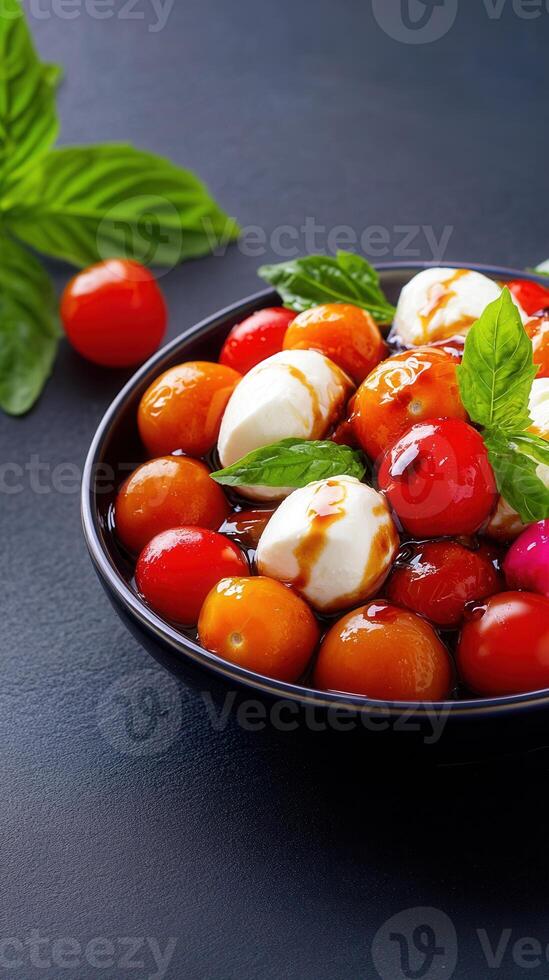 Fresh bowl of juicy tomatoes and creamy mozzarella cheese ready to be enjoyed as a healthy snack or appetizer photo