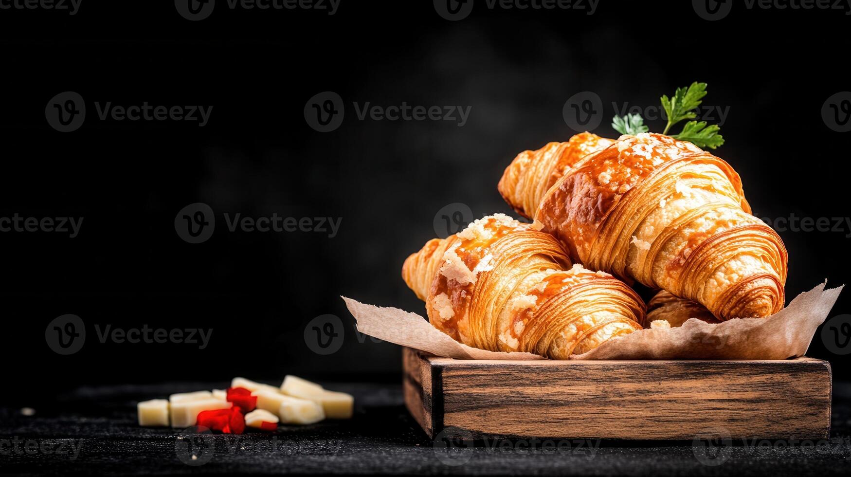 Attractive box of croissants featuring a piece of cheese for an irresistible combination of flavors and textures photo