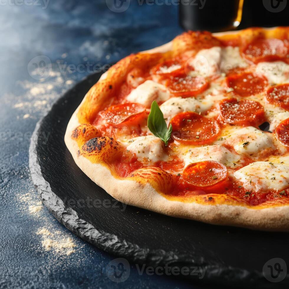 Irresistible pizza served with a chilled bottle of beer perfect for relaxing evenings and social gatherings photo