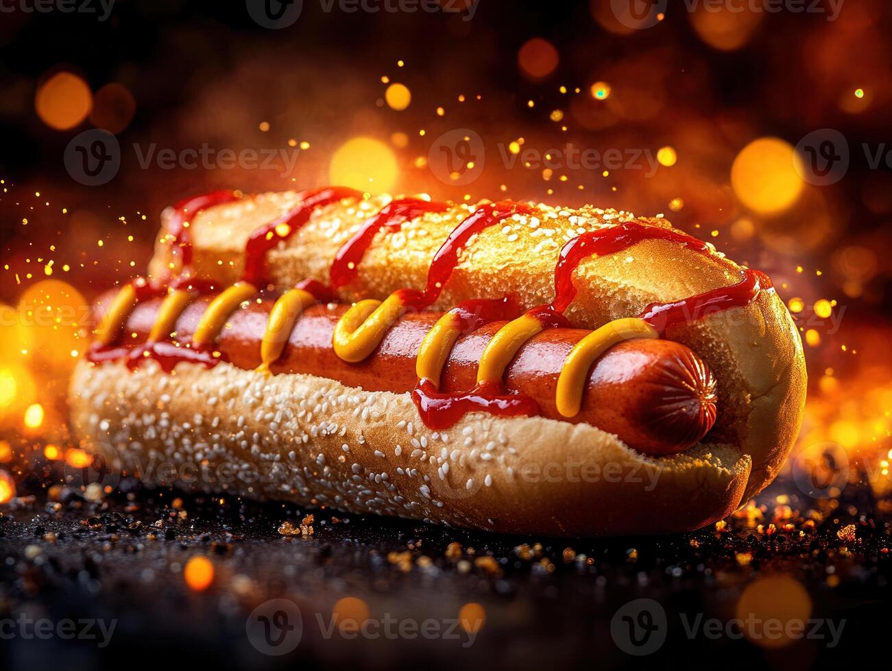 Delicious hot dog topped with ketchup served on a white plate ready for enjoyment at a summer barbecue gathering photo