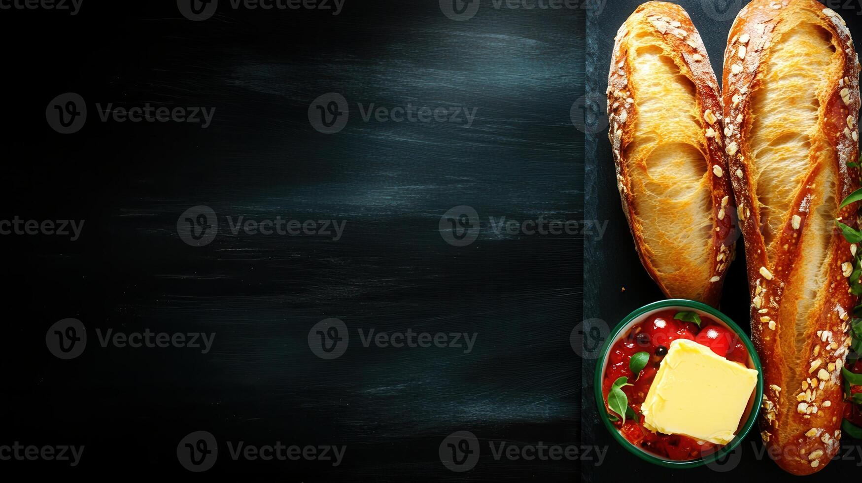 Freshly baked baguetons stuffed with creamy cheese and juicy tomatoes artfully placed on a light wooden serving board photo
