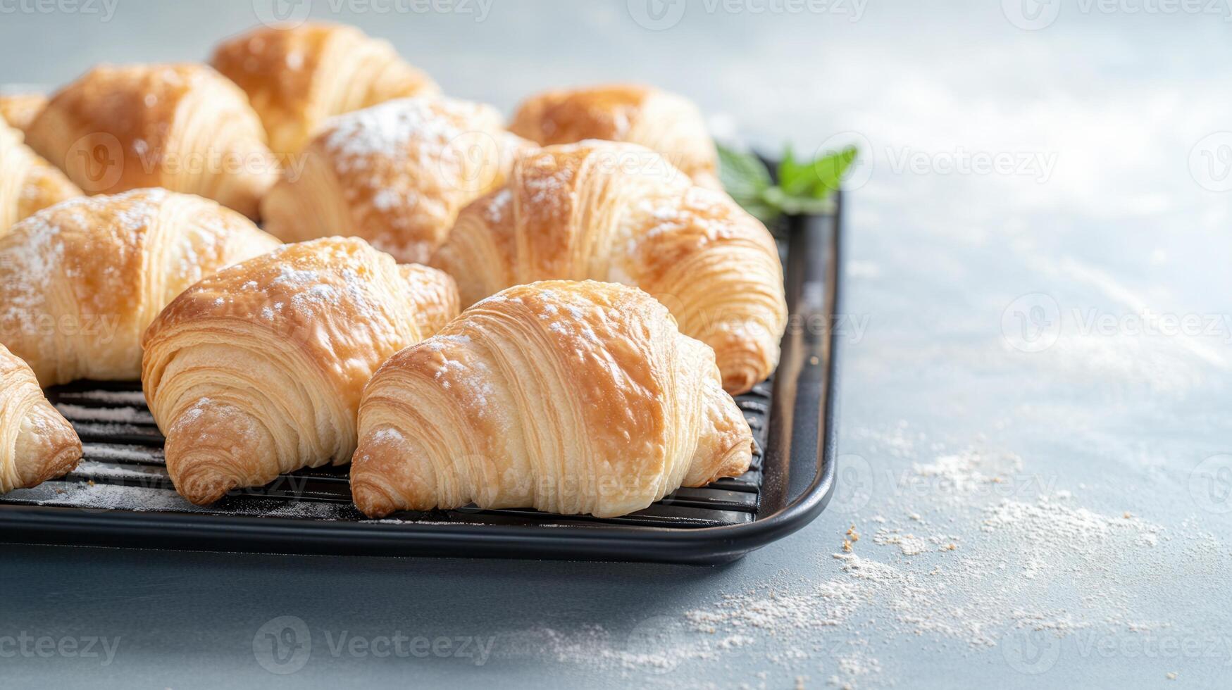 Freshly baked croissants beautifully displayed on a tray ready to be served for breakfast or afternoon tea photo