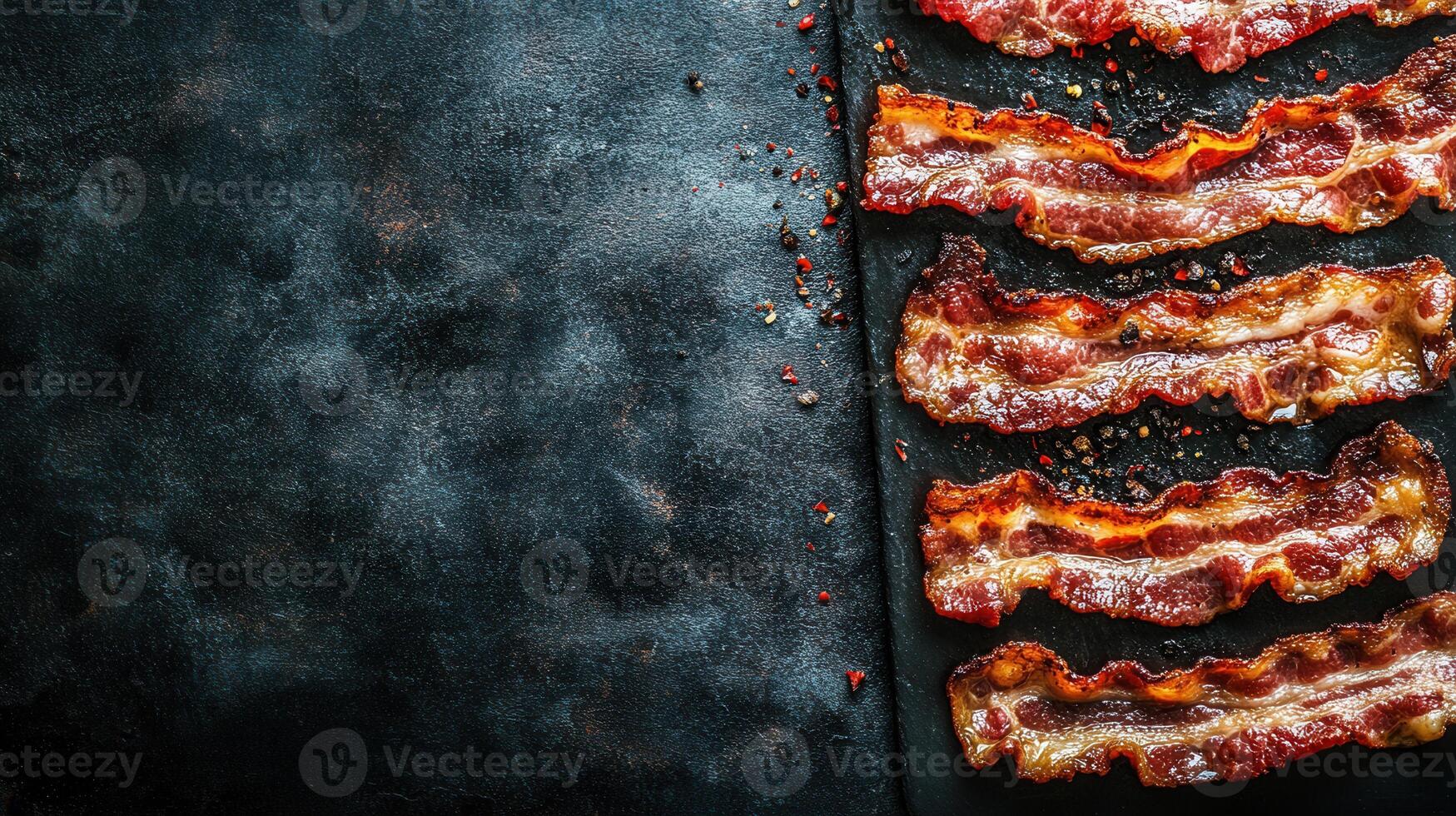 Savory crispy bacon strips displayed on a black surface highlighting texture and flavor for a mouthwatering experience photo