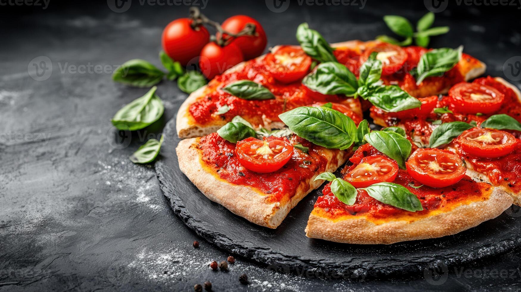 Deliciously crafted pizza topped with fresh tomatoes and aromatic basil leaves ready to be savored and enjoyed photo