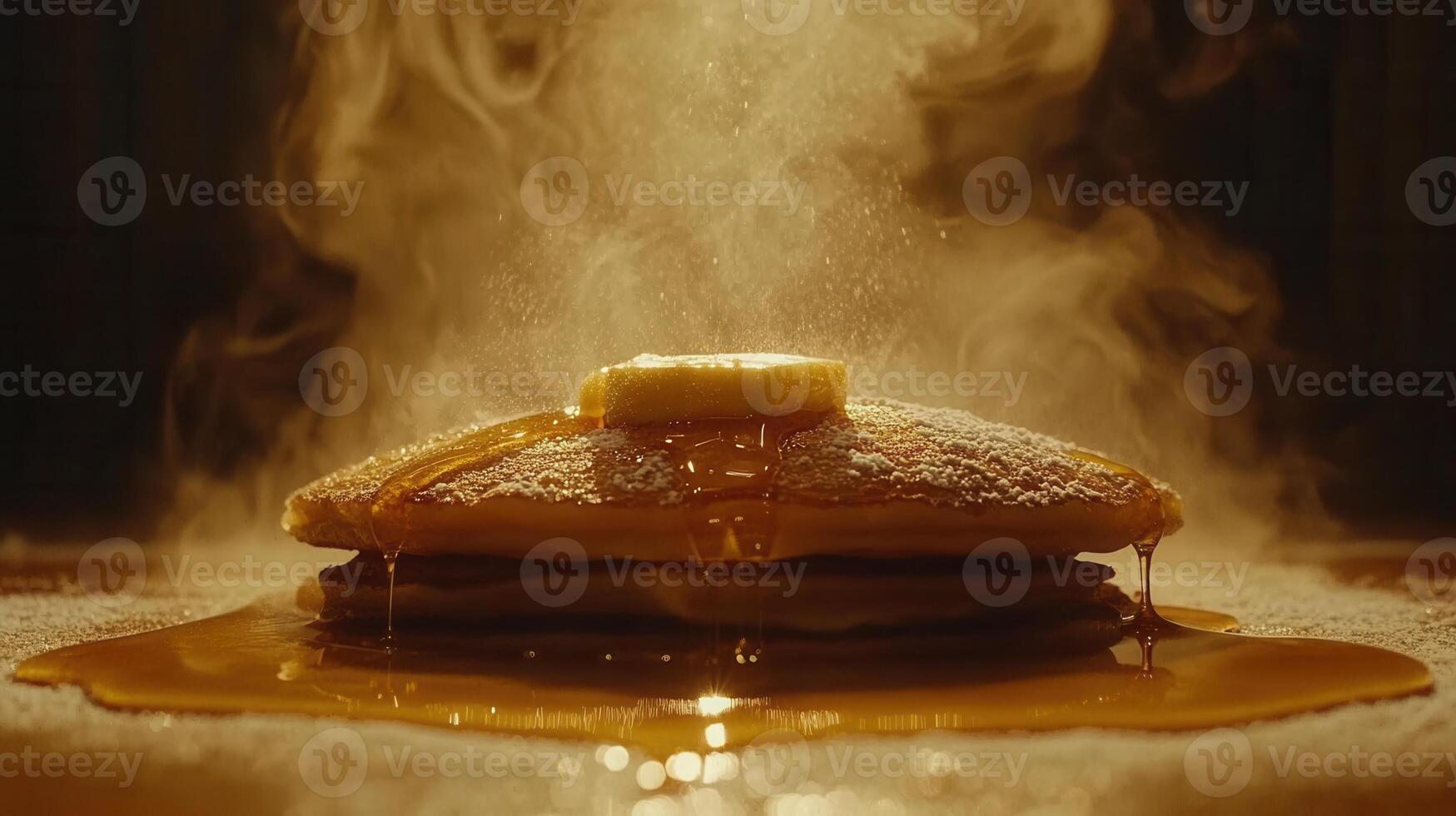 Delicious stack of fluffy pancakes generously drizzled with syrup and ready to be served for a hearty breakfast photo