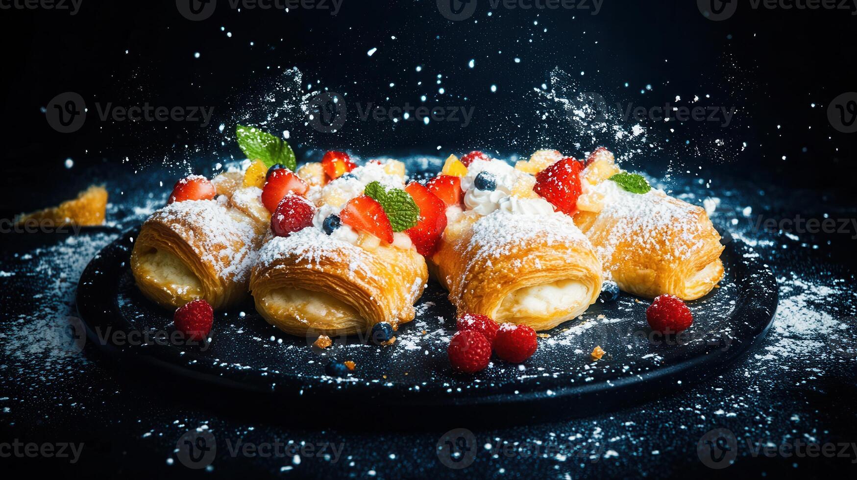 Delicious pastry dusted generously with powdered sugar perfectly arranged on a rustic wooden table in soft light photo