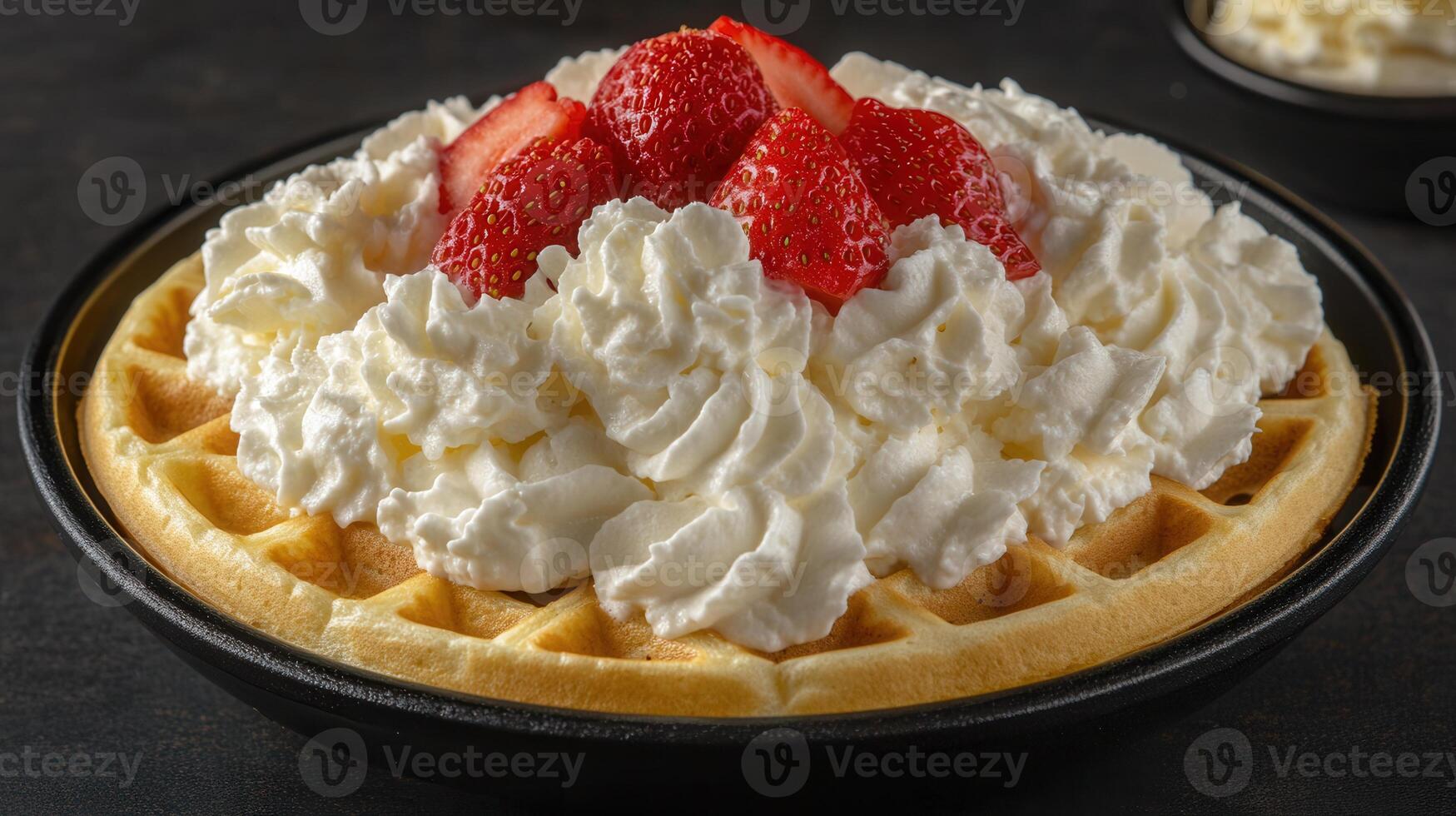 A whimsical wafer topped generously with whipped cream and fresh strawberries perfect for a sweet treat or dessert photo