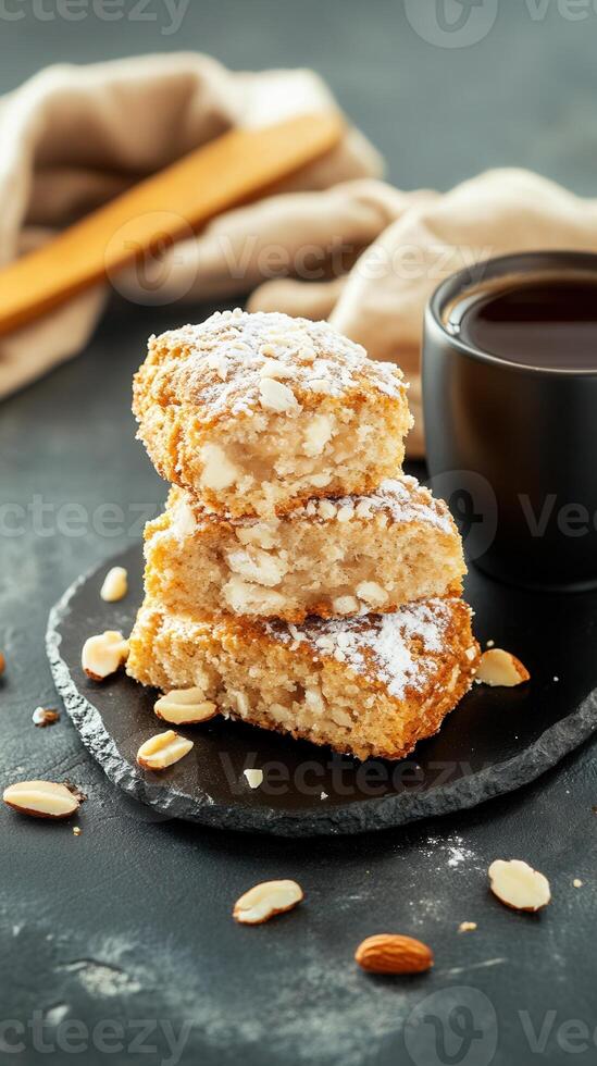 A delicious stack of almond cookies displayed on a white plate perfect for sharing or enjoying with tea photo