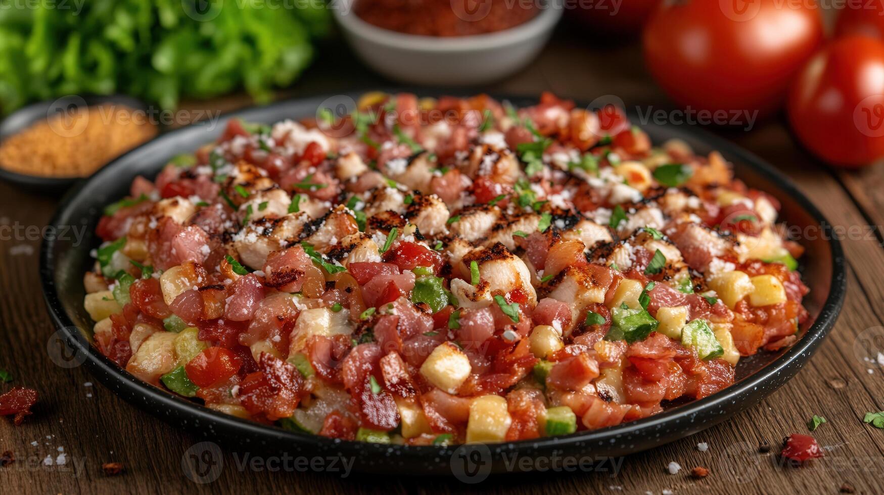 A delectable plate of gourmet food served on a rustic table creating a warm and inviting atmosphere for dining photo